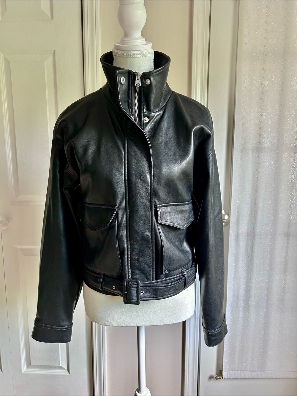 Abercrombie & Fitch Black Faux Leather Belted Moto Jacket w/ Funnel Neck